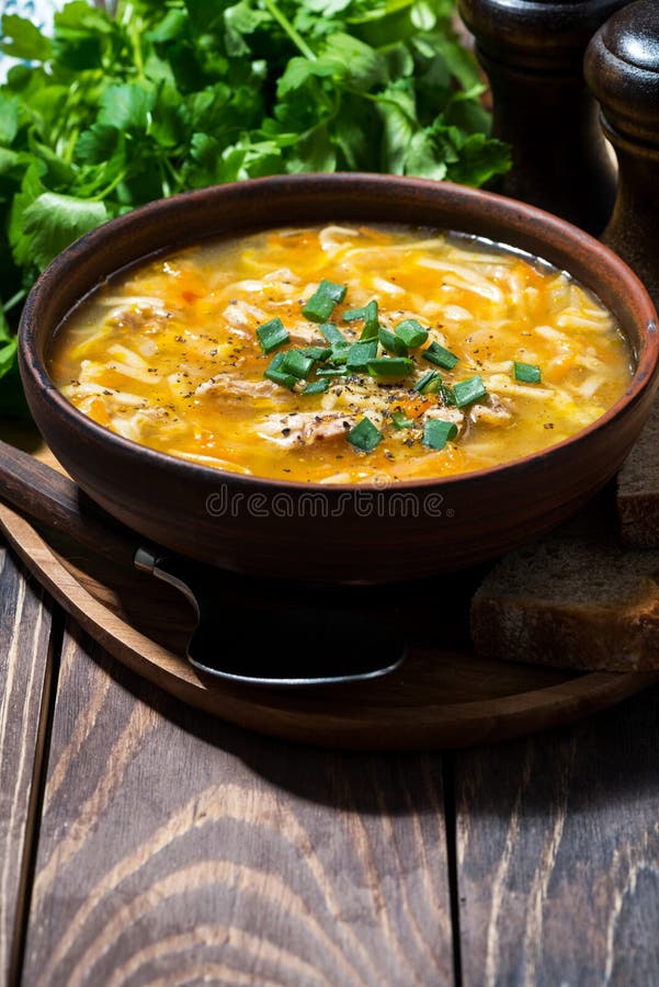Canja de galinha com macarronetes de ovo em uma bacia, vertical fotos de stock royalty free