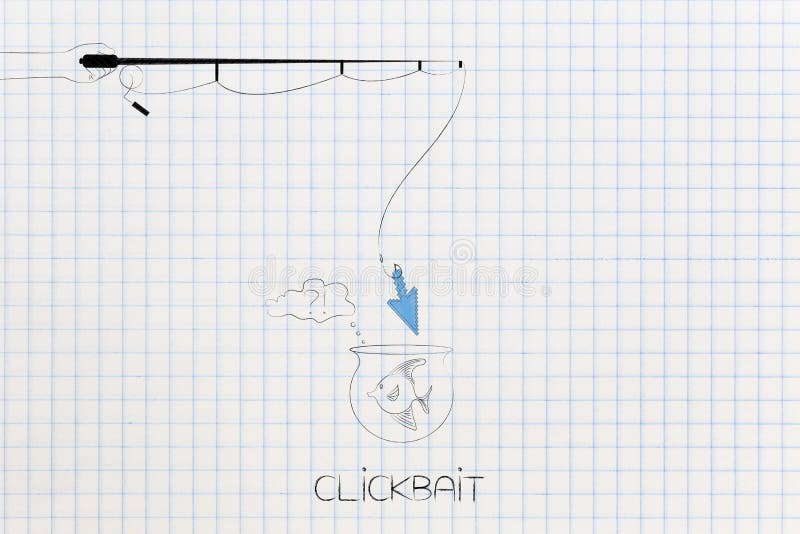 Canna da pesca che prova a pescare un pesce con un puntatore del mouse, clickba royalty illustrazione gratis