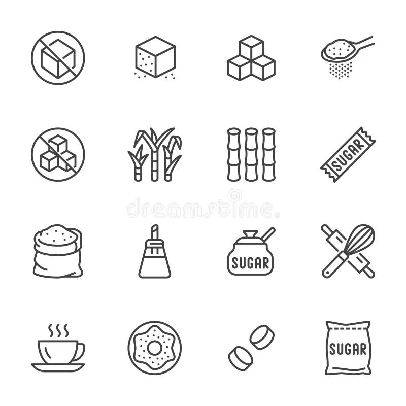 Canna da zucchero, linea piana insieme del cubo delle icone Dolcificante, stevia, illustrazioni di vettore dei prodotti della pan