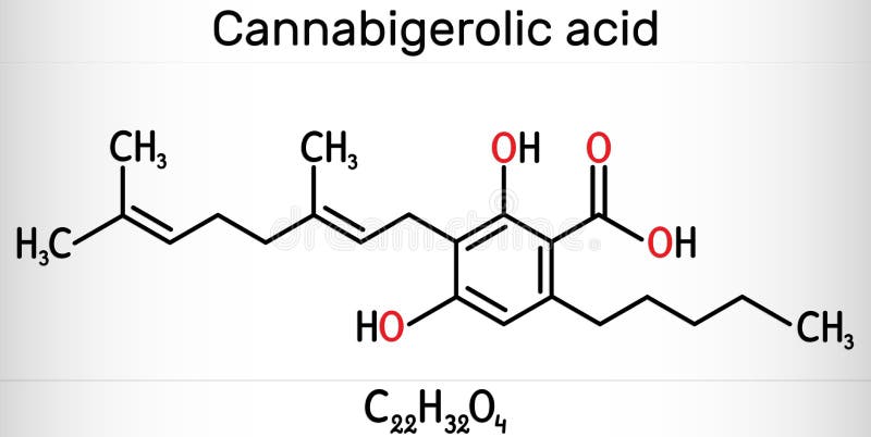 Cannabigerolic acid, CBGA,  molecule. It is cannabinoid, precursor tetrahydrocannabinolic acid THCA, cannabidiolic acid CBDA