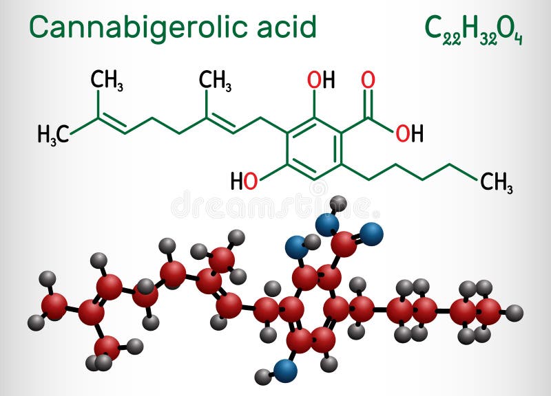 Cannabigerolic acid, CBGA,  molecule. It is cannabinoid, precursor tetrahydrocannabinolic acid THCA, cannabidiolic acid CBDA