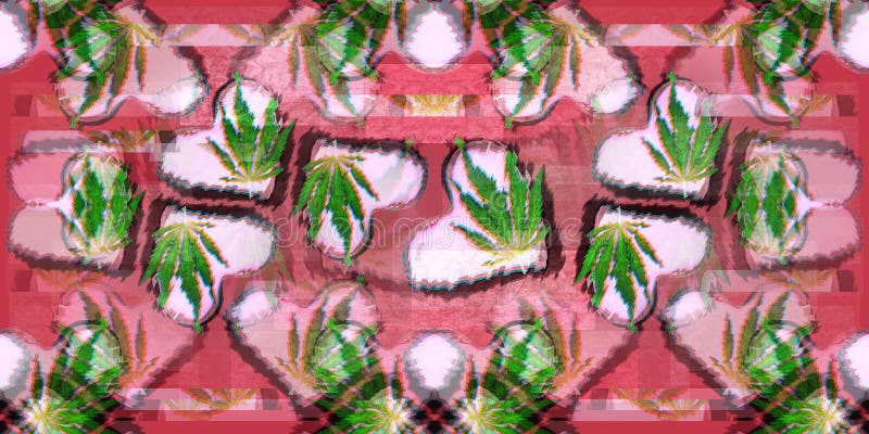 Sömlös bakgrund. glappseffekt. cannabishjärtan på röd bakgrund för valentiners dagromans