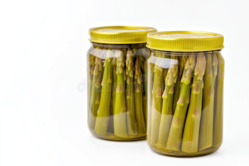 Canned asparagus displayed in clear jars against a clean white background showcasing high quality and sharp details stock image
