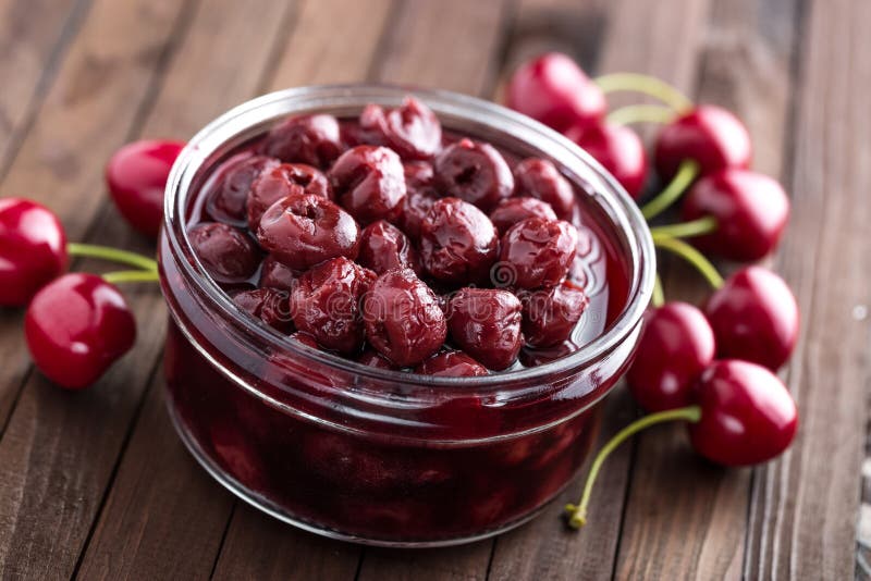 Canned Berries Cherry with Syrup in a Glass Jar Stock Image Image of