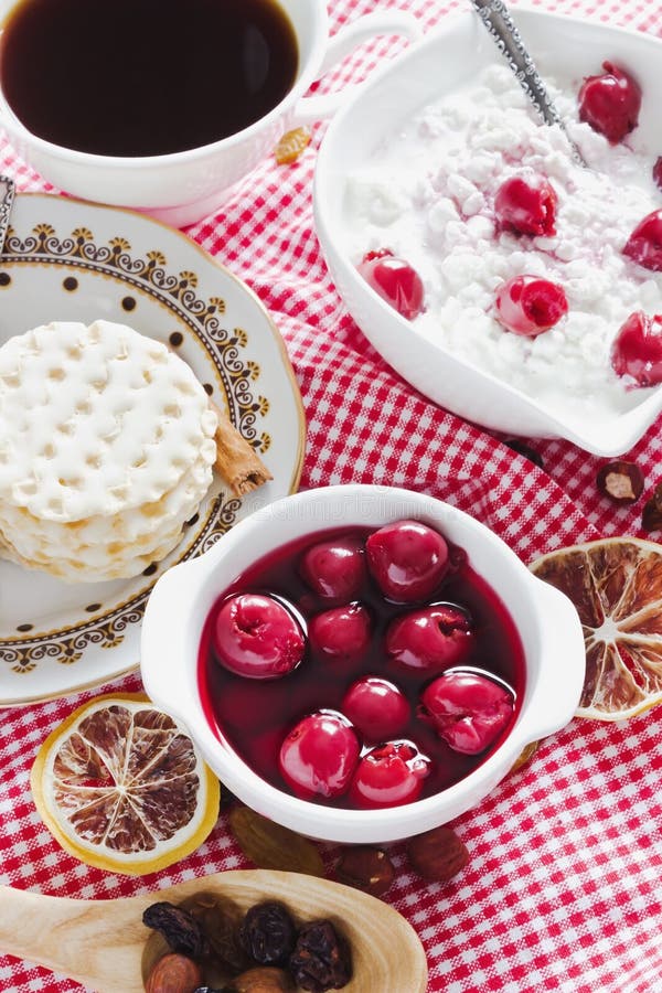 Canned Cherry and Cottage Cheese Stock Photo Image of cottage, white