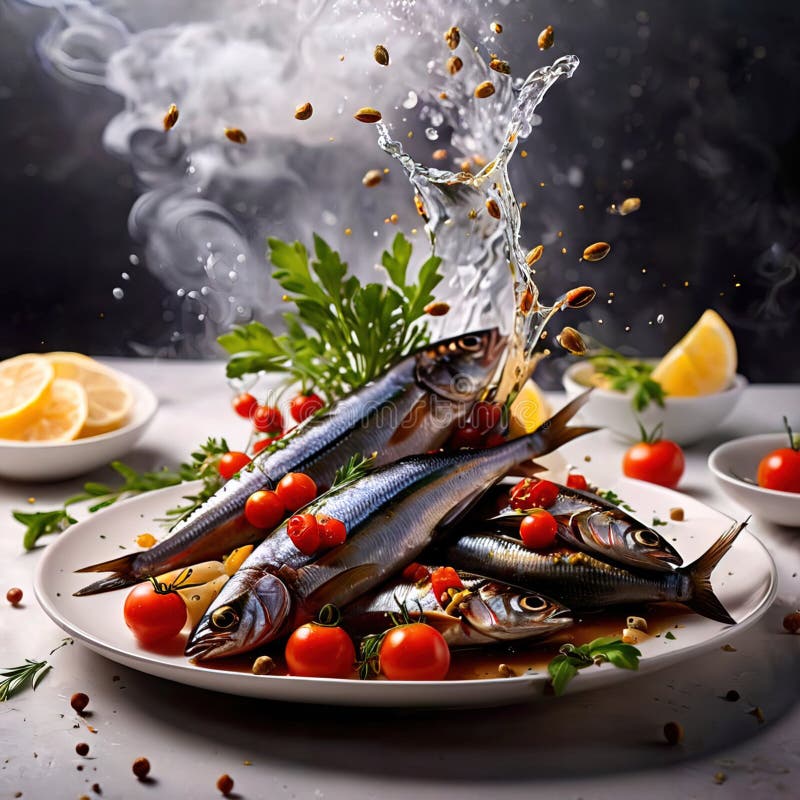 Canned Cooked Sardines in Oil, Dynamic Food Photography Stock Illustration Illustration of
