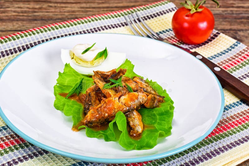 Canned Fish with Eggs on Lettuce Stock Photo Image of gourmet, liver