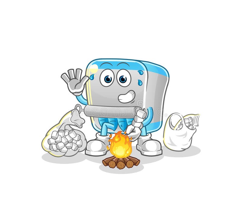 Canned Fish Roasting Marshmallows. Cartoon Mascot Vector Stock Vector