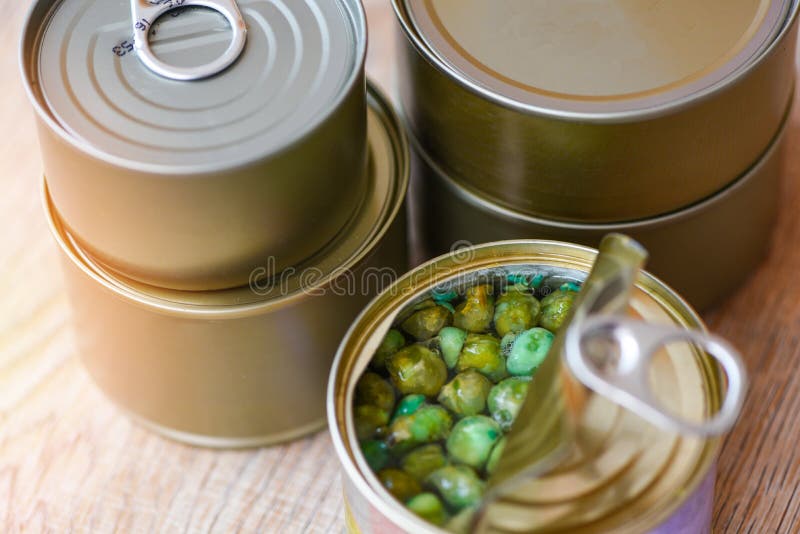 Canned Food in Metal Can on Wooden Background , Top View / Canned Goods ...