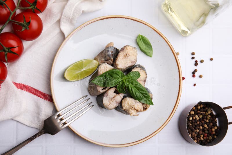 Canned Mackerel Chunks Served on White Tiled Table, Flat Lay Stock Image Image of healthy