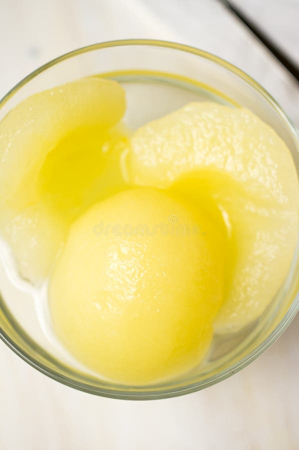 Dessert With Canned Peaches, Whipped Cream And Meringue Stock Photo