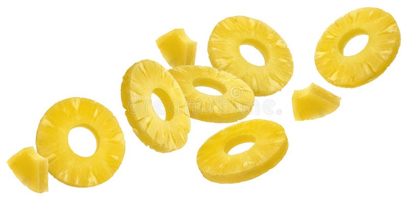 Falling pineapple rings. Canned pineapple slices isolated on white background with clipping path. Background package pattern stock images, royalty-free photos and pictures