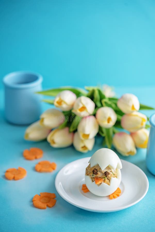 Canned Tuna Deviled Eggs in the Form of Chicken Stock Photo Image of