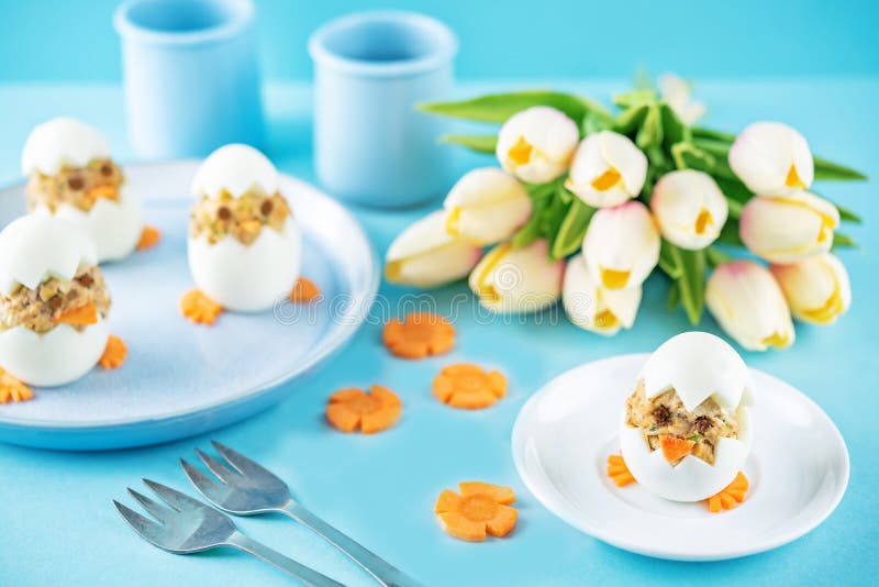 Canned Tuna Deviled Eggs in the Form of Chicken Stock Image Image of