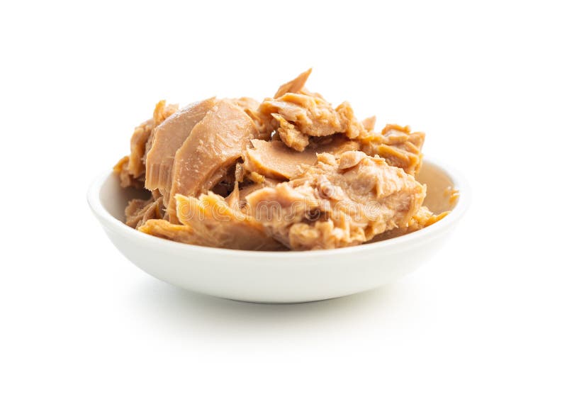 Canned Tuna Fish in Bowl Isolated on White Background Stock Photo