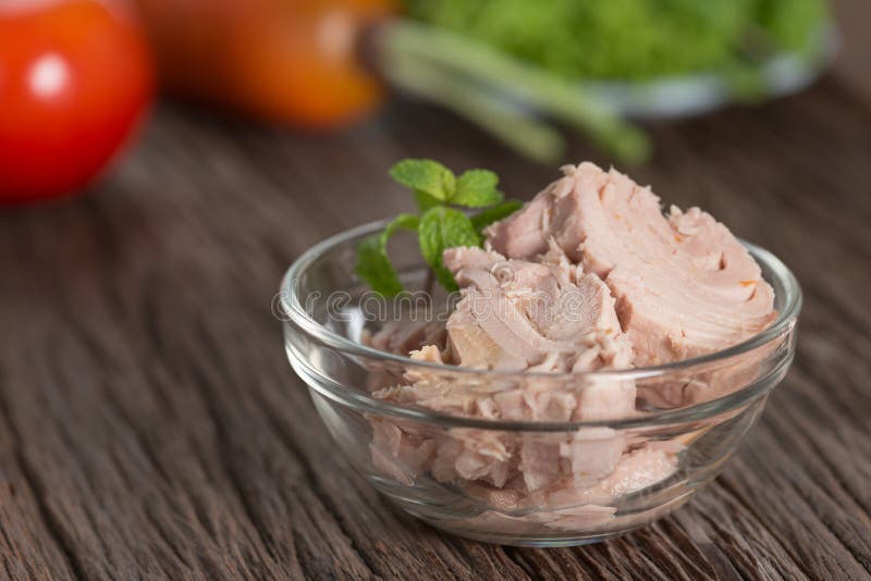 Canned tuna in glass bowl. stock image. Image of glass 115042795