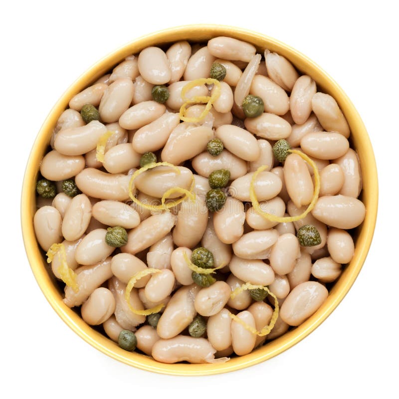 Cannellini Beans with Capers and Lemon Zest Top View Isolated. Stock
