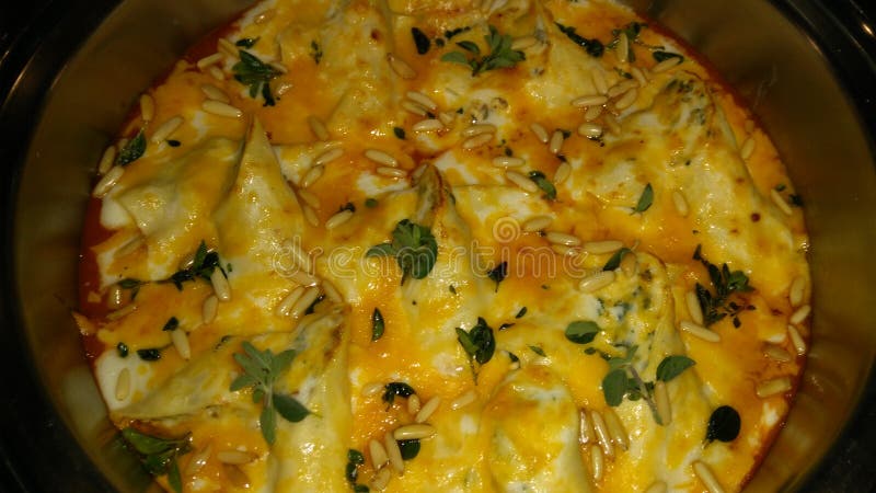 Cannelloni al forno con i pinoli ed il cheddar fotografia stock Cannelloni al forno con i pinoli ed il cheddar fotografia stock