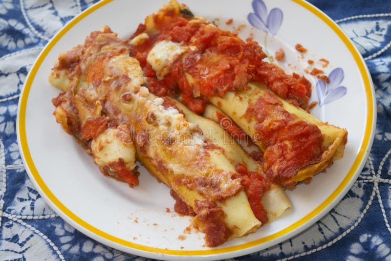 Cannelloni with Ground Beef and Tomato Sauce Stock Photo - Image of