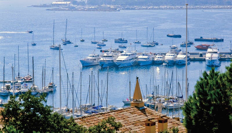 View of the harbour at cannes from the old town le suquet alpes maritime provence south of france cote d'azur france