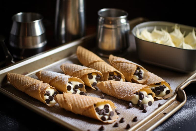 Cannoli pe o foaie de copt cu formele sale de staniu royalty free stock photos