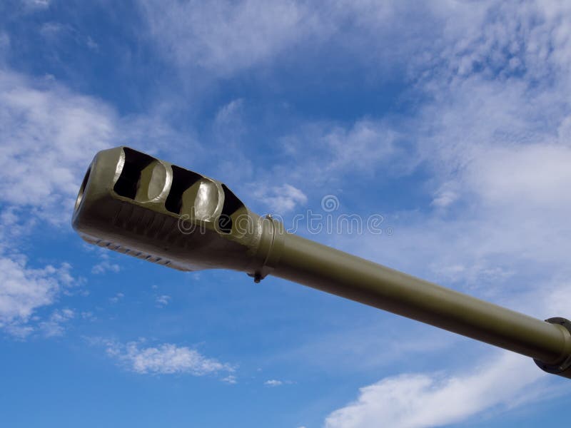 Cannon barrel closeup in front of blue sky. Flame arrester stock images, royalty-free photos and pictures