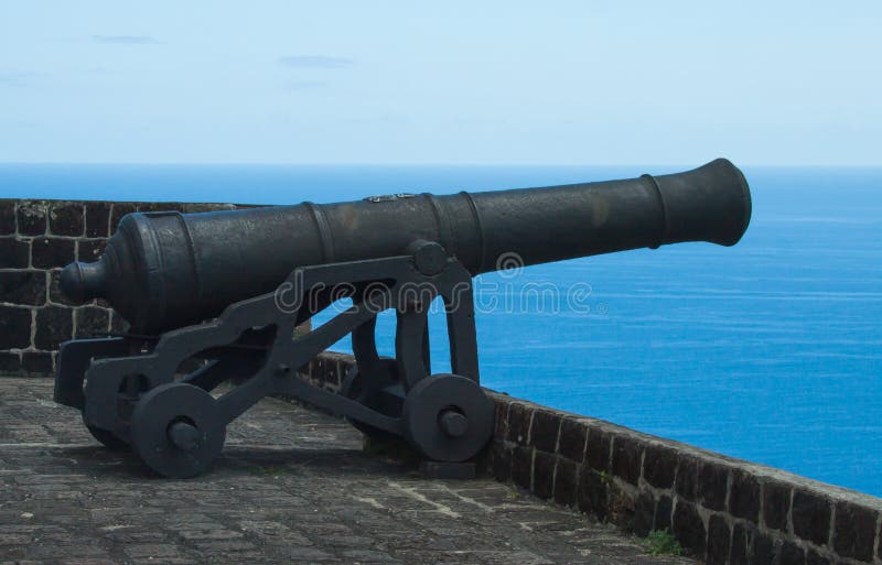 Cannon pointing out to sea on ramparts at Brimstone Fort, St. Kitts. April 26th,2013.