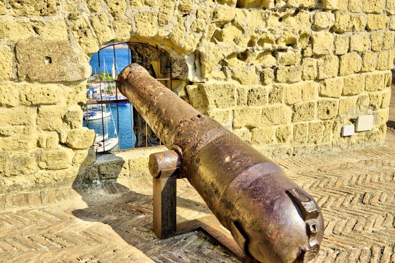Cannons at Castel dell`Ovo Egg Castle , a medieval fortress in the bay of Naples, Italy. royalty free stock photography Cannons at Castel dell`Ovo Egg Castle , a medieval fortress in the bay of Naples, Italy. royalty free stock photography