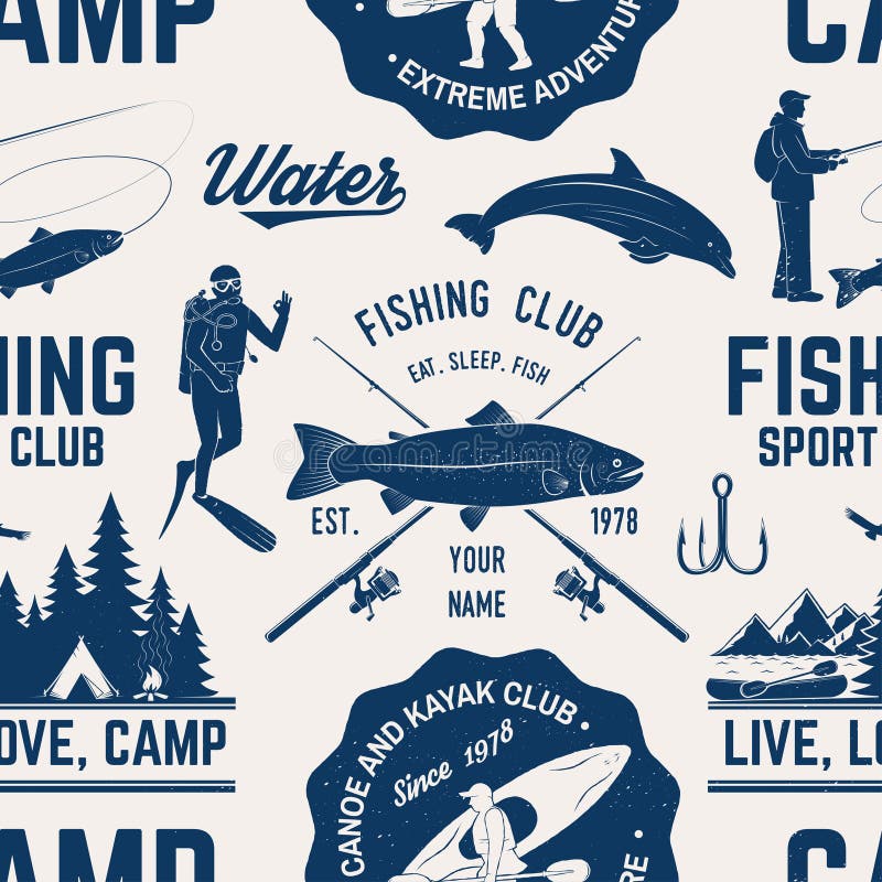Canoe, Kayak and Fishing Club Seamless Pattern. Stock Vector