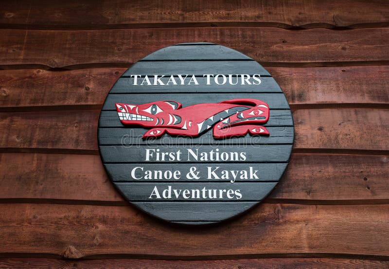 Canoe and Kayak Rental sign. Adventures sign welcomes tourists, offers guided Takaya tours, kayaks and canoes for rental
