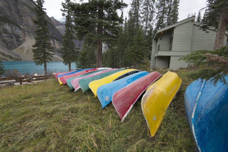 Canoes at Moraine Lake, Banff, Alberta, Canada.