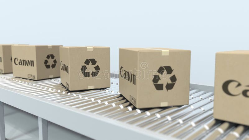 CANON logo on moving boxes on roller conveyor. Loopable editorial 3D animation royalty free illustration