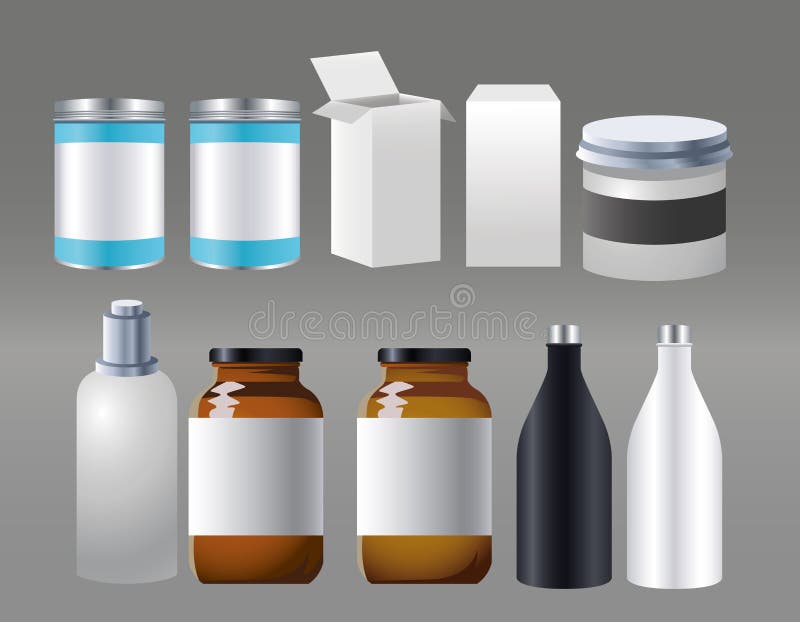 Cans aluminium and bottles with boxes products branding vector illustration design