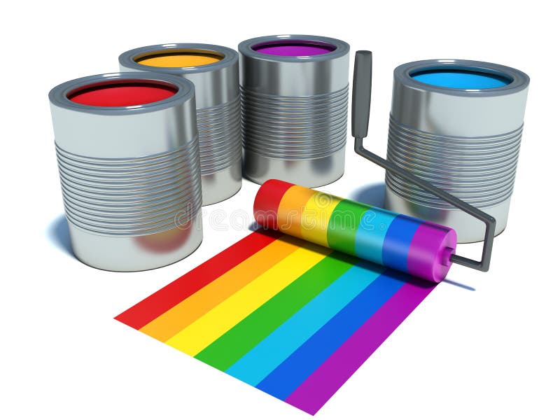 Cans with color paint, roller brush with rainbow royalty free illustration Cans with color paint, roller brush with rainbow royalty free illustration
