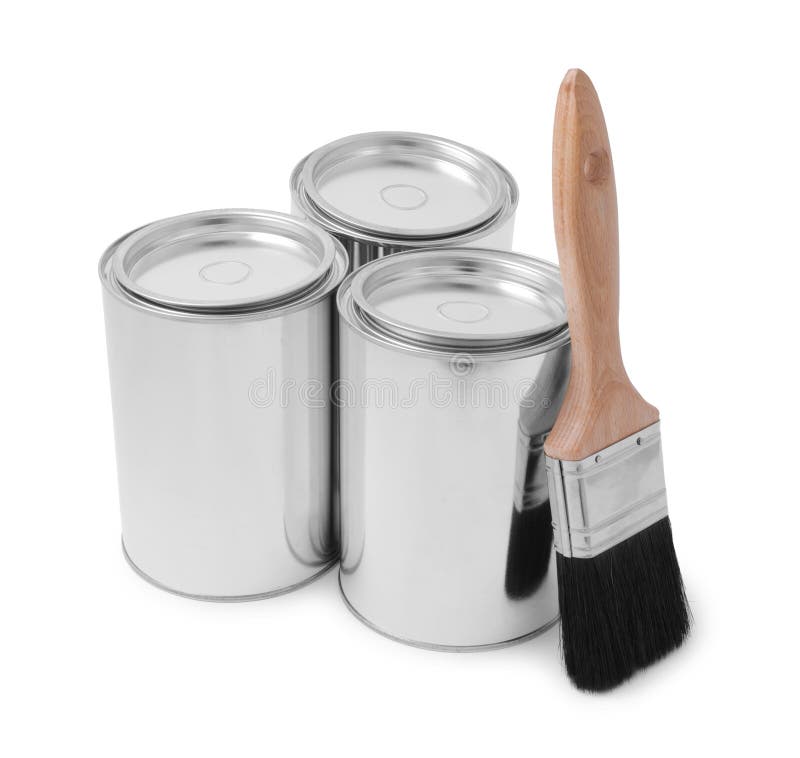 Cans of Paints and Brush on White Background Stock Image - Image of ...