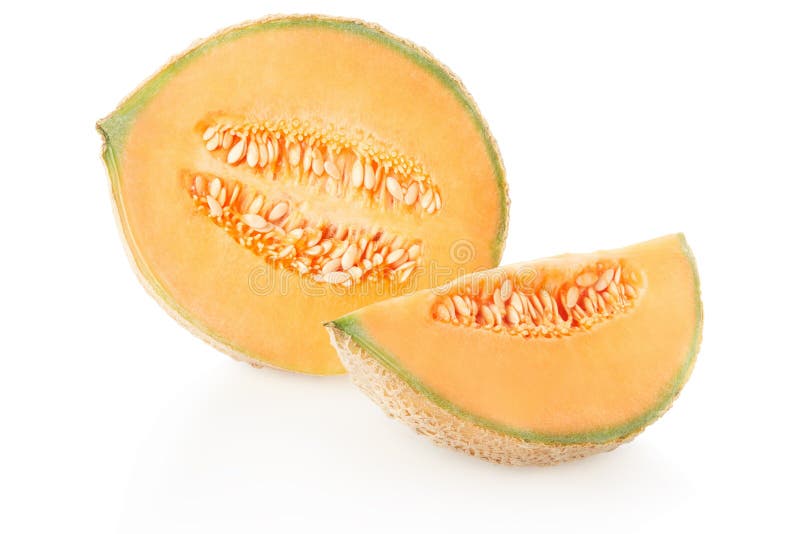 Cantaloupe Half Melon and Slice with Seeds on White Stock Photo Image
