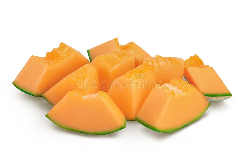 Cantaloupe Melon Pieces Isolated on White Background with Full Depth of