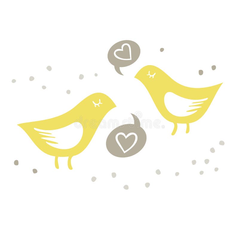 Yellow birds singing of love on white background with little dots romantic love marriage wedding illustration. Yellow birds singing of love on white background with little dots romantic love marriage wedding illustration