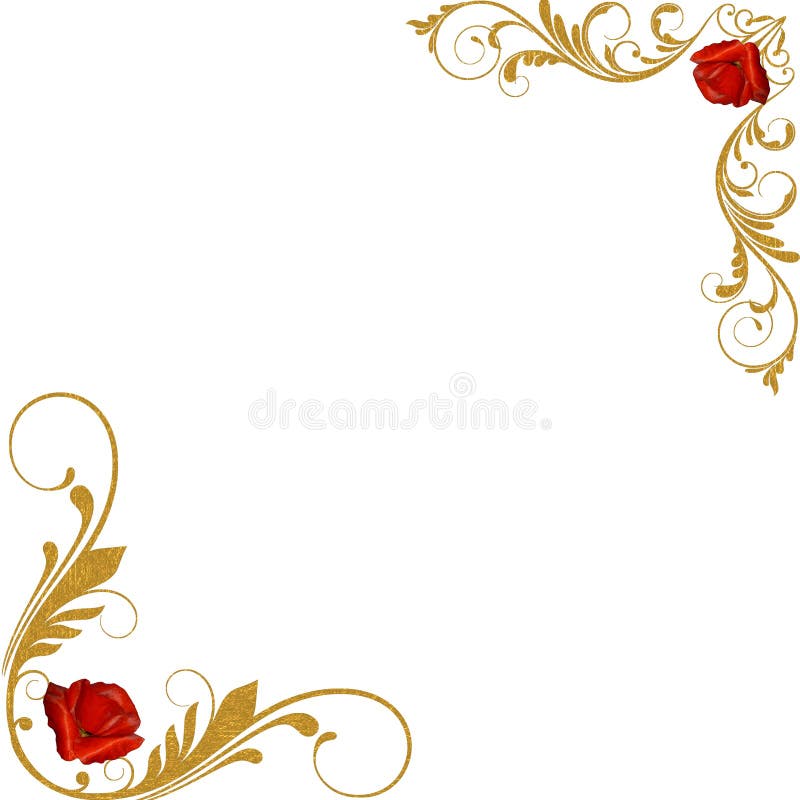 Rosas vermelhas, cantos decorativos dourados ilustração royalty free