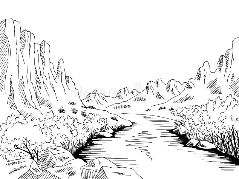 Canyon Fluss Grafik Schwarz Weiss Wuste Berglandschaft Sketch Vektor Vektor Abbildung Illustration Von Leer Zeichnen 161649836