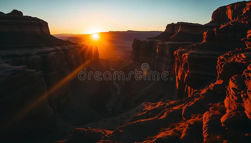 Canyon sunrise landscape, dramatic desert morning view. Stock Photo, Generative AI vector illustration