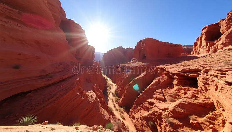 Canyon sunset light rays, dramatic desert landscape view Generative AI royalty free illustration