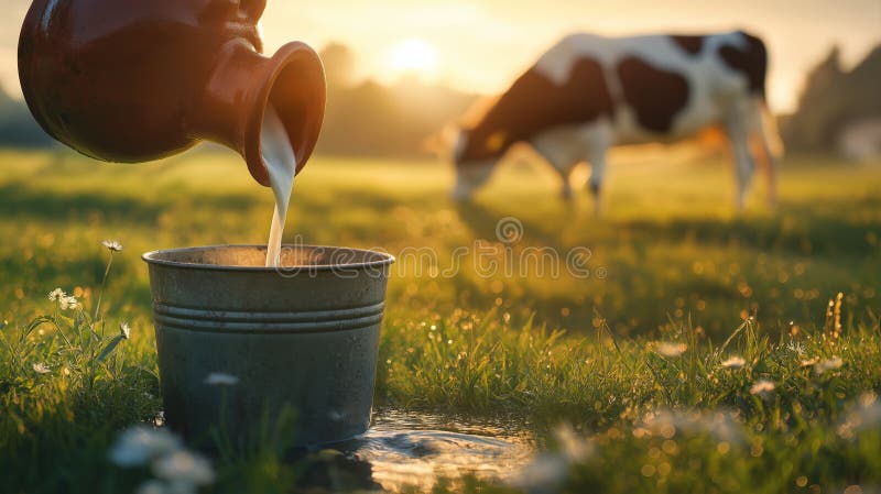 Cană de argilă turnând lapte într-o găleată la apus într-o zonă rurală liniștită. Un ulcior de lut toarnă lapte proaspăt într-o găleată într-un câmp vast. O vacă pășește în apropiere sub un apus de soare frumos, aruncând o strălucire caldă asupra peisajului. IA generat