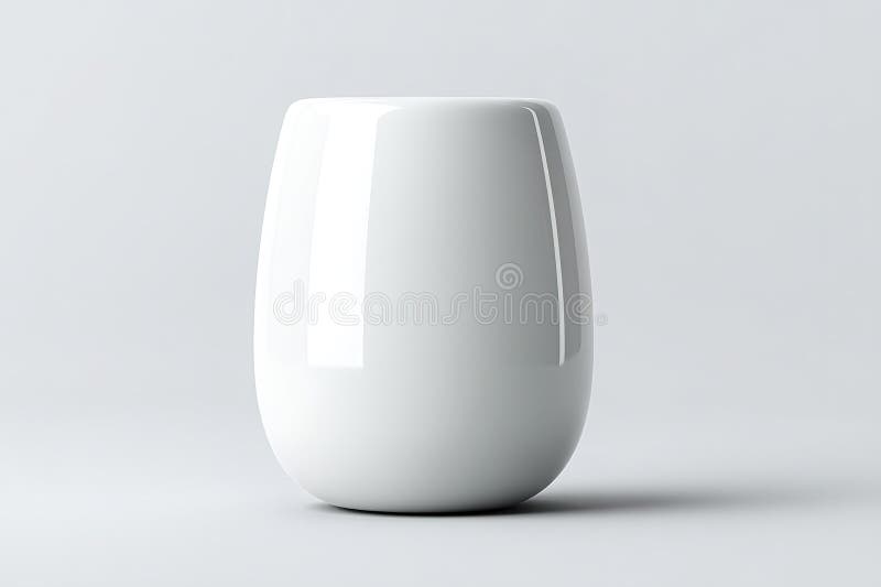 Cană din ceramică albă minimalistă stând pe o suprafață netedă într-un mediu studio luminos stock photography