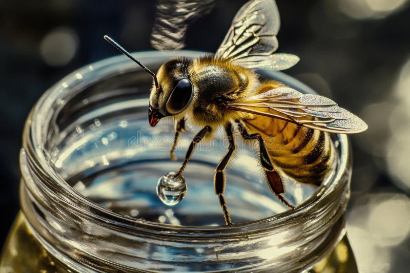 Caos de abejas : cierre intrincado de un tarro de abeja y miel ilustración del vector