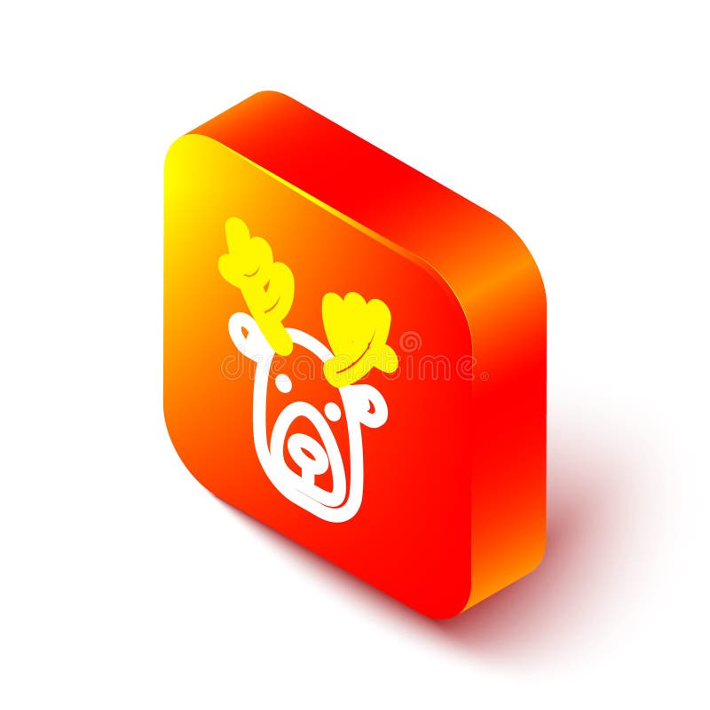 Cap de cerb cu linie izometrică cu coarne izolate pe fond alb. buton pătrat portocaliu. vector stock illustration