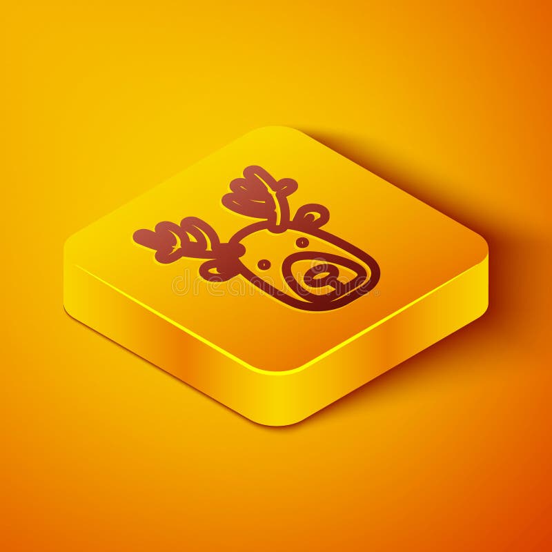 Cap de cerb cu linie izometrică cu pictogramă de coarne izolate pe fond portocaliu. buton pătrat galben. vector stock illustration
