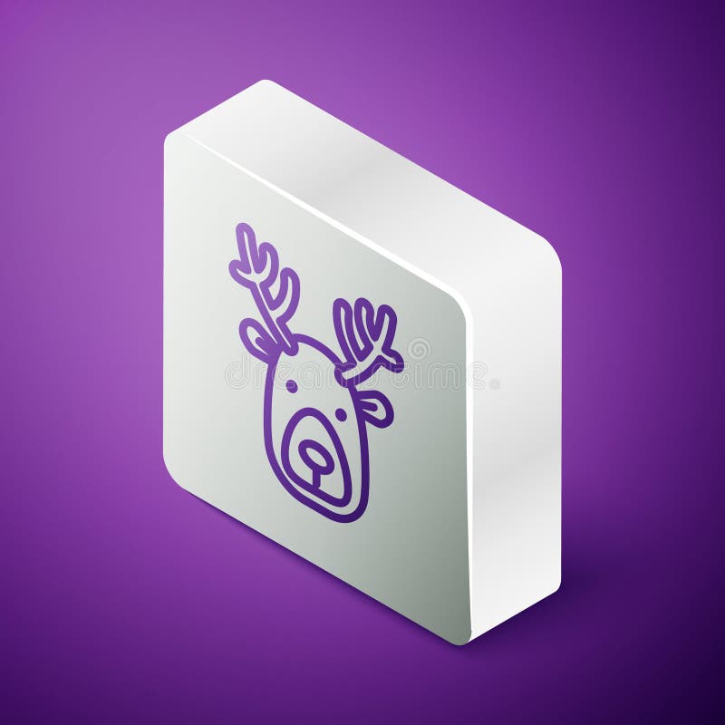 Cap de cerb linie izometrică cu coarne izolate pe fond violet. buton pătrat de argint. vector vector illustration
