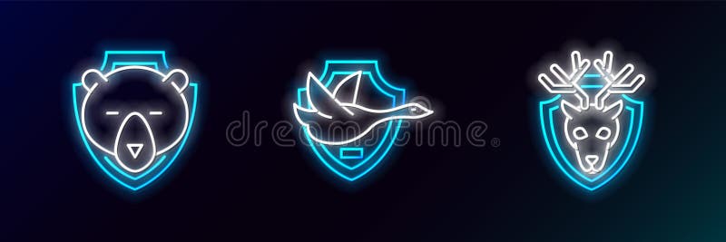Cap de cerb linie setat cu coarne de cerb pe ursul scutului și pictograma rață zburătoare. neon strălucitor. vector royalty free illustration