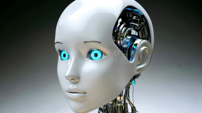 Cap de robot futurist cu ochi albaștri și design de circuit vizibil stock illustration